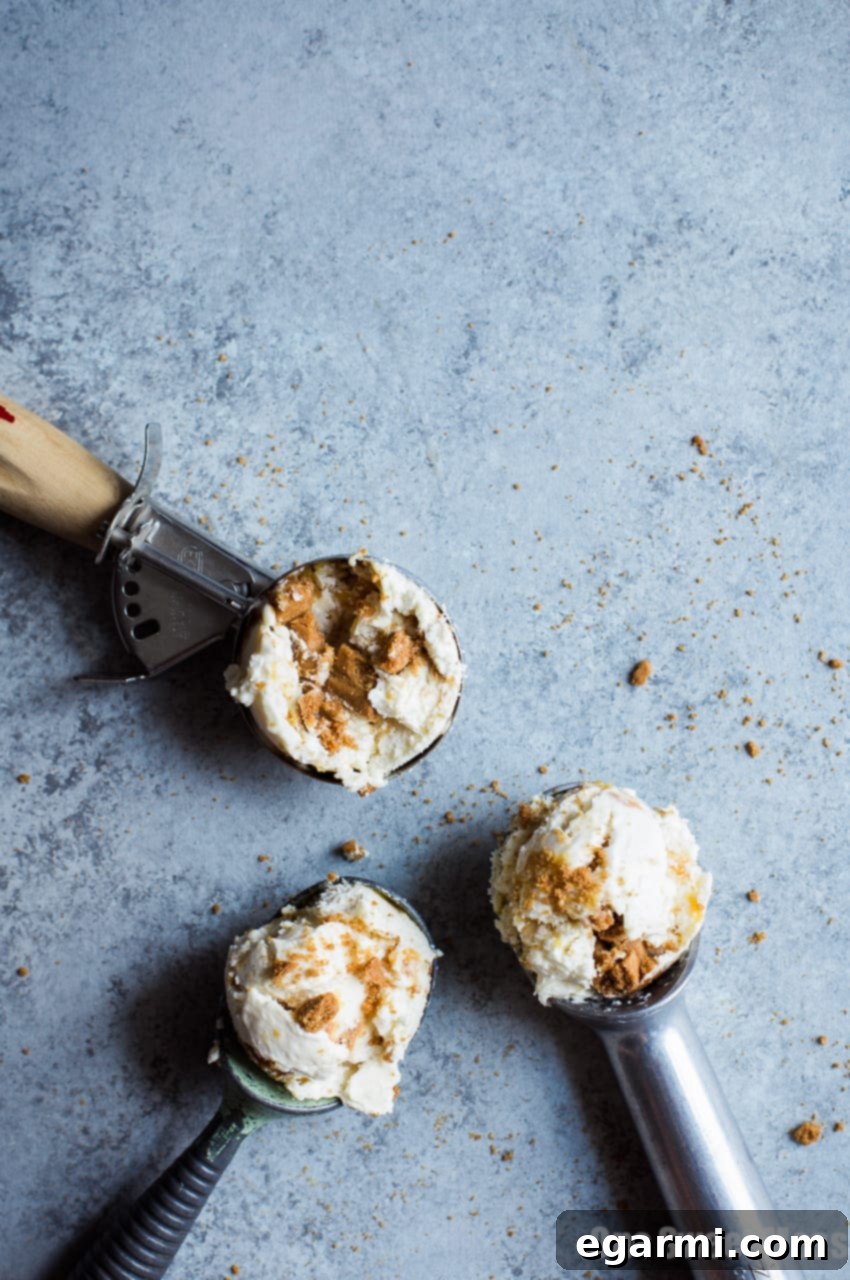 Scoops of No-Churn Peach Cobbler Ice Cream garnished with peach and cookies.