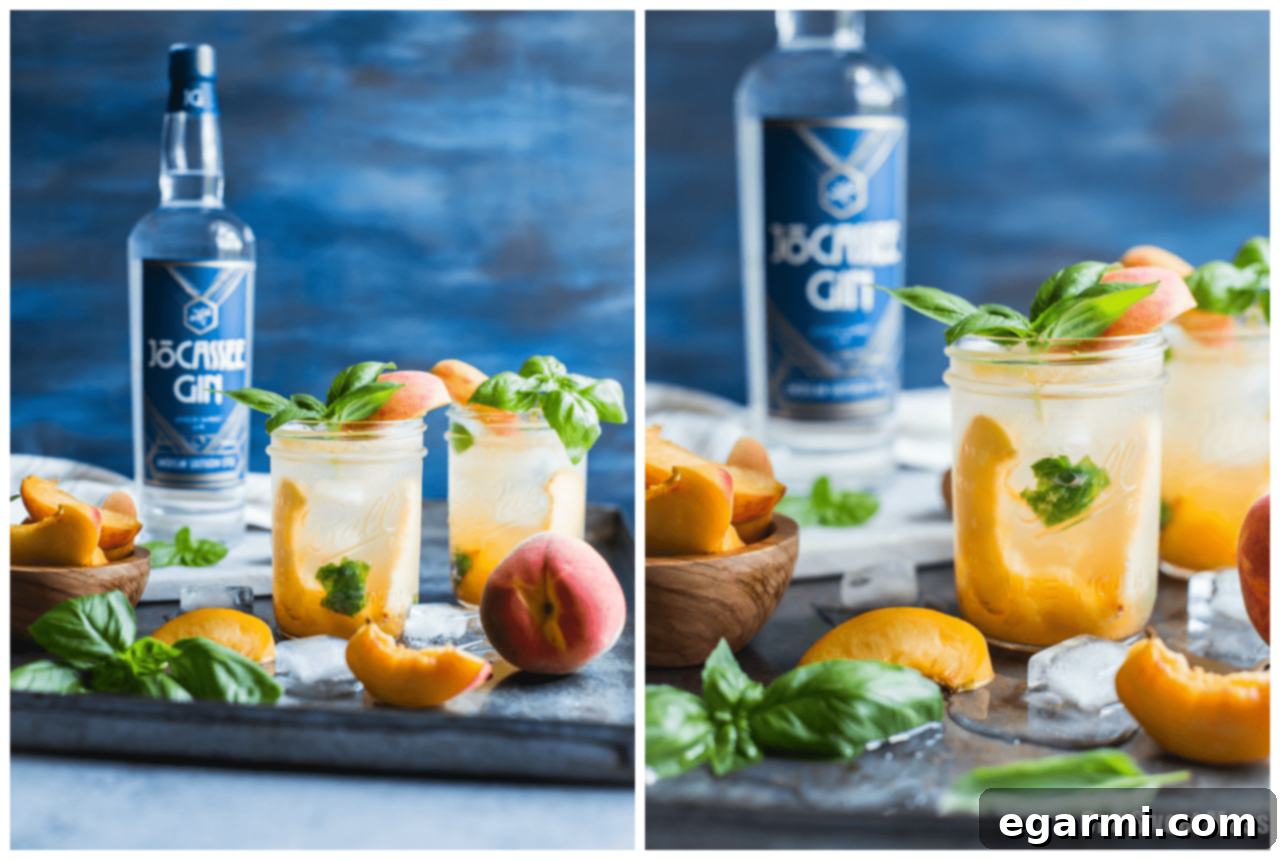 Overhead shot of two Peach Basil Gin Fizz cocktails in mason jars, with fresh ingredients scattered around