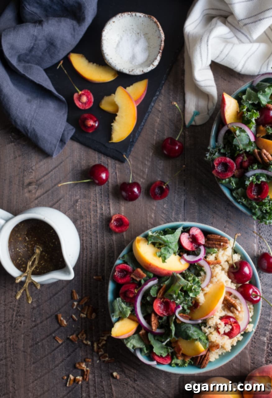 Healthy Summer Stone Fruit Kale and Quinoa Salad with Maple Balsamic Vinaigrette