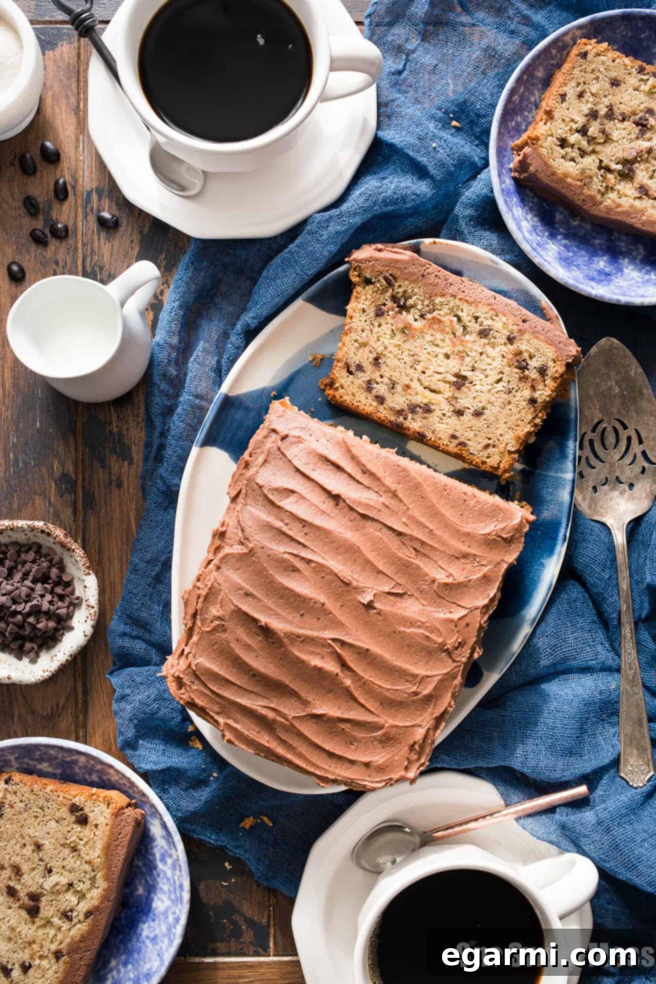 Gluten-Free Chocolate Chip Banana Bread with Mocha Buttercream, close-up on slice