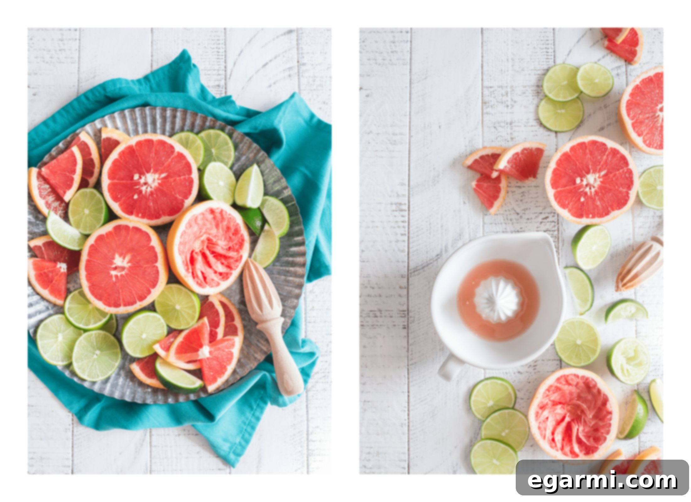 Assortment of fresh winter citrus fruits, including grapefruits, oranges, and limes, on a rustic wooden surface.