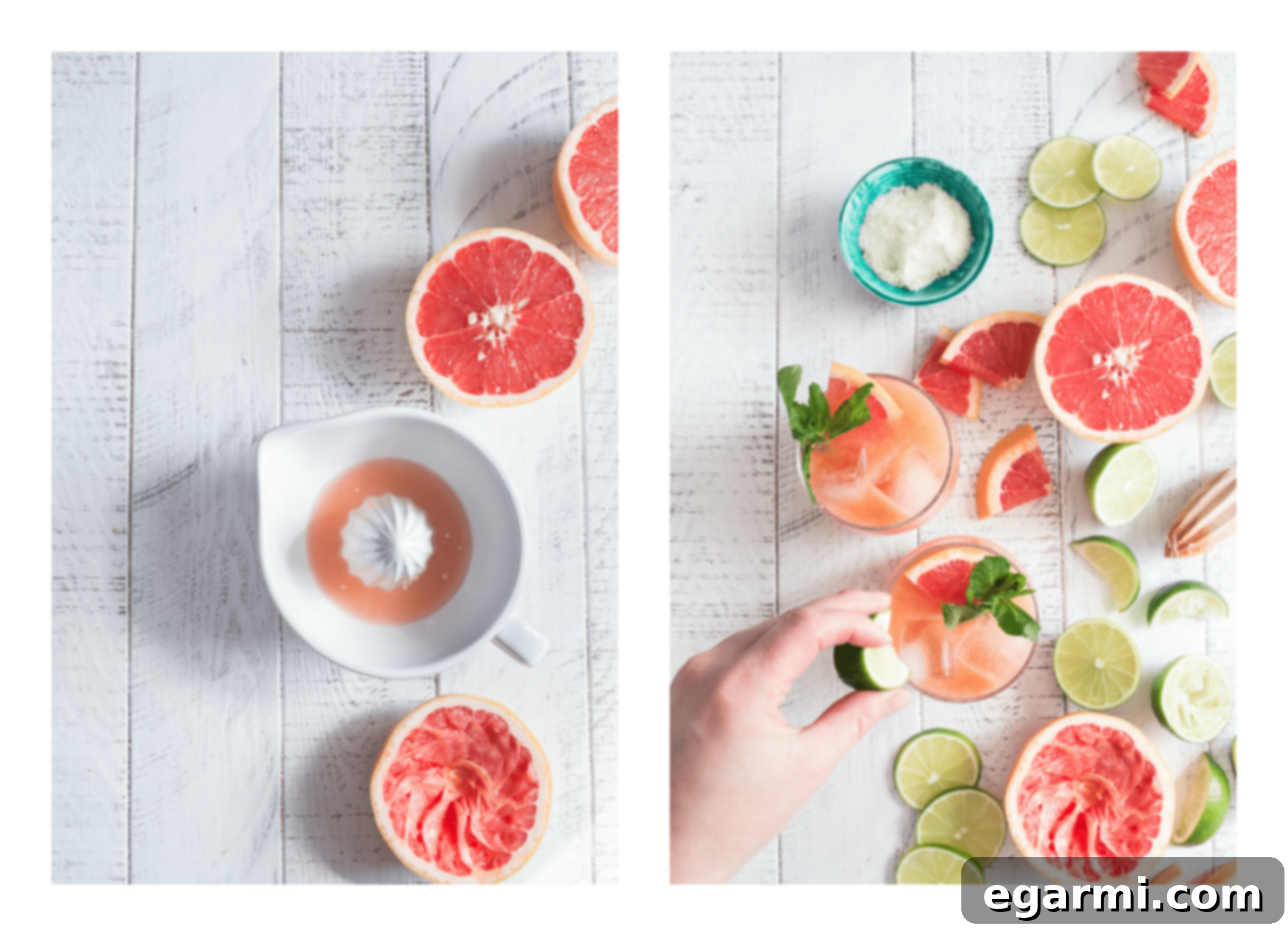 Artfully garnished Paloma cocktail in a highball glass, featuring grapefruit and lime wedges, against a soft backdrop.