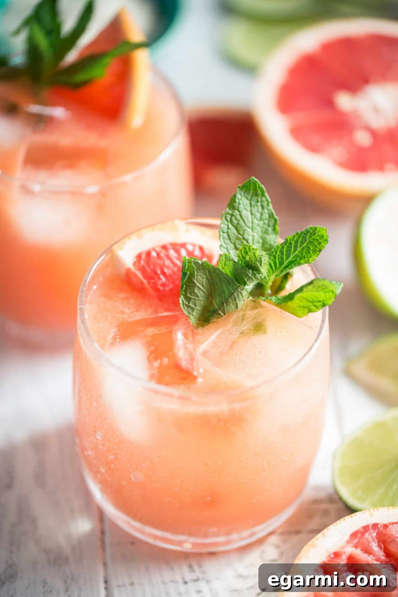 Close-up of a Paloma cocktail with a grapefruit slice garnish, vibrant and ready to be enjoyed.