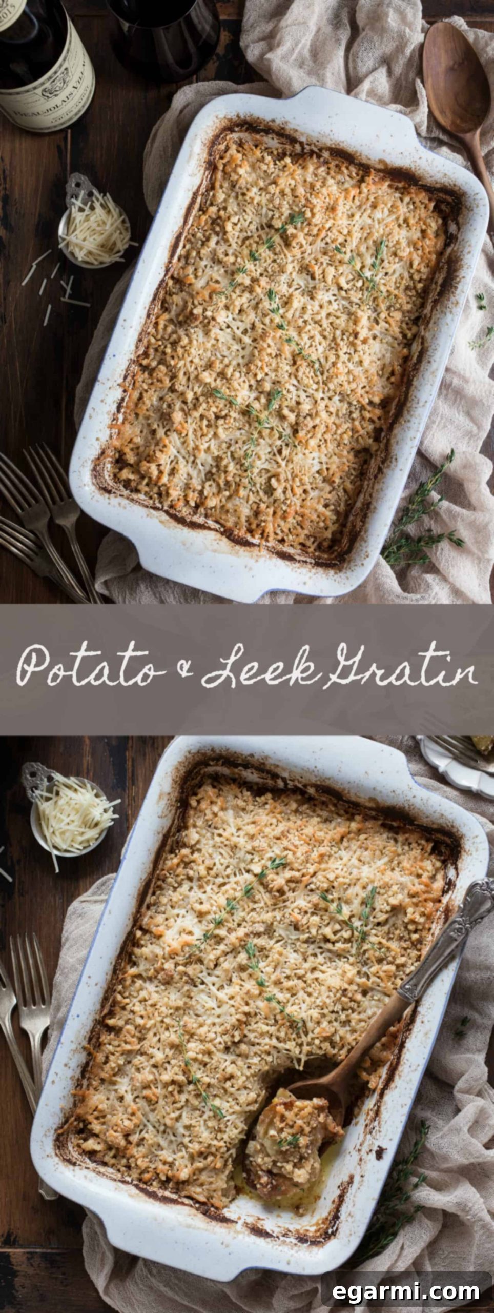 Pin-friendly image of Potato & Leek Gratin, a creamy spring side dish loaded with cheese and a crispy toasted walnut crumble.
