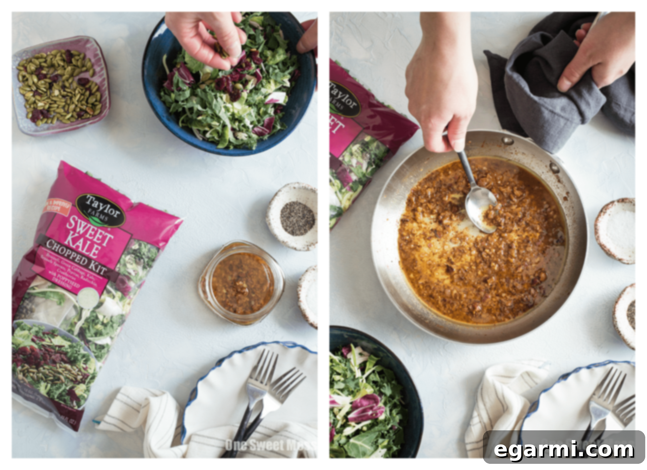 Ingredients for the sweet kale salad, featuring the Taylor Farms kit and poppy seed dressing.