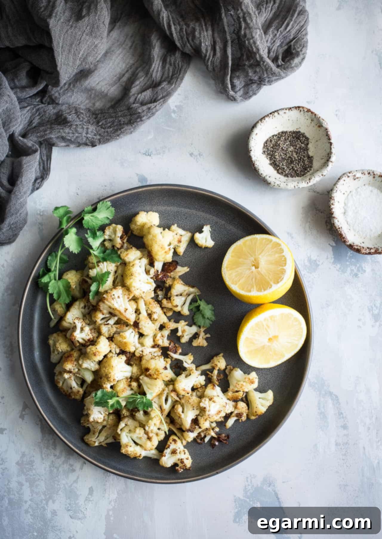 Platter of delicious lemon pepper parmesan roasted cauliflower