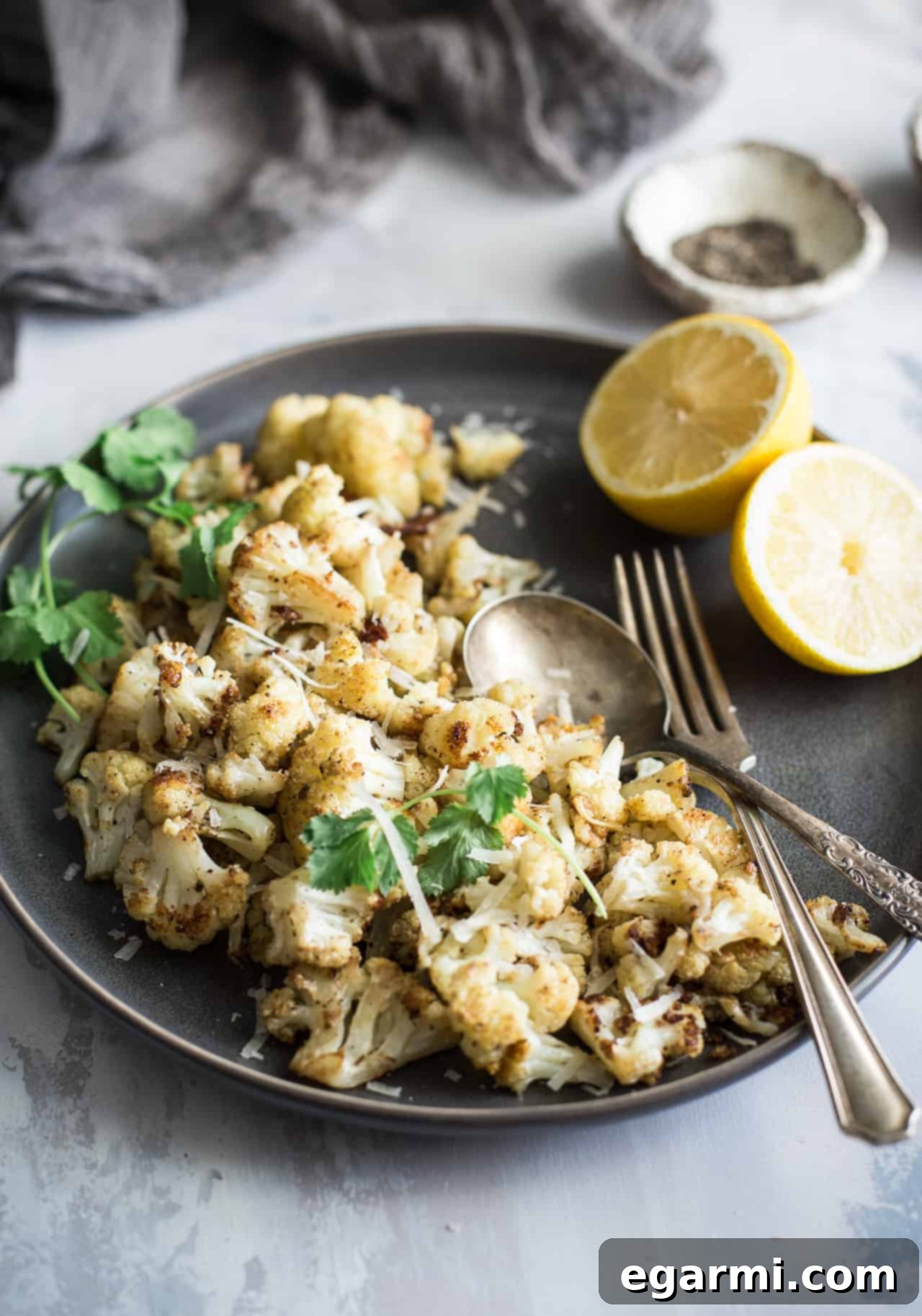 Close-up of roasted cauliflower with cheesy edges