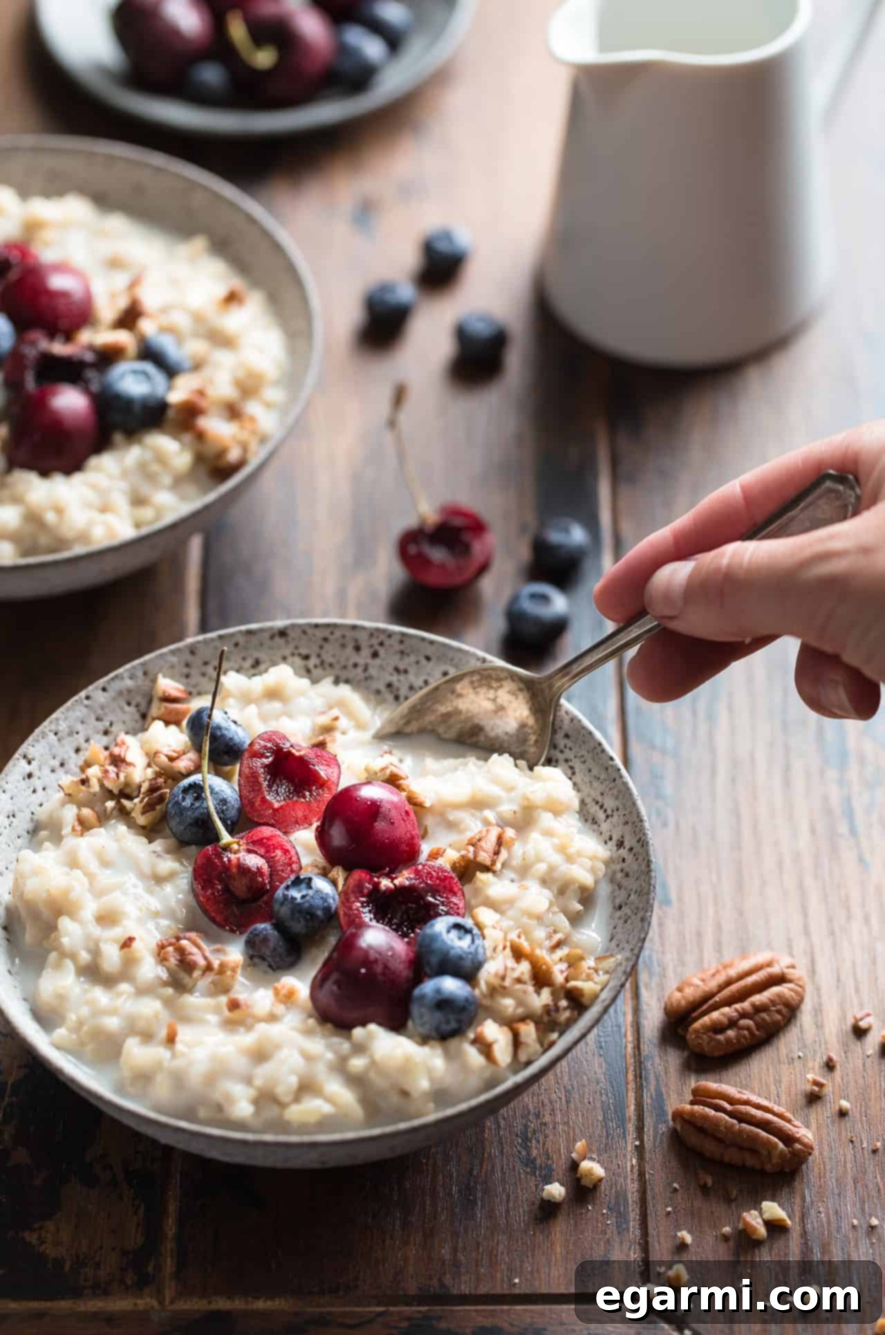 Overhead shot of Brown Rice Breakfast Pudding, showing its creamy texture and potential for various toppings