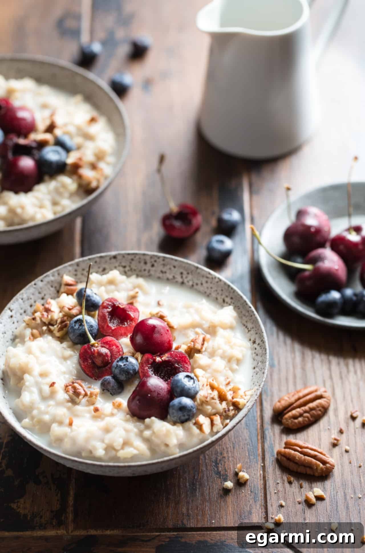 A bowl of Brown Rice Breakfast Pudding, showcasing its appealing presentation with various toppings