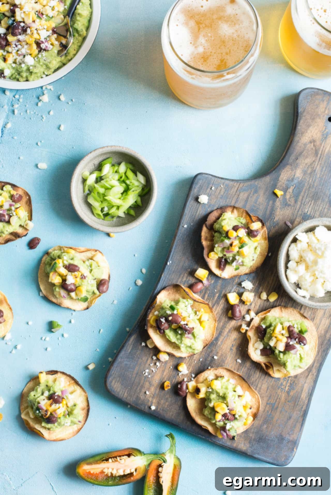 Crispy Grilled Corn Salsa & Guacamole Tostadas: The Ultimate Game Day Appetizer - Perfect for football season, gluten-free, healthy, with a vegan option.