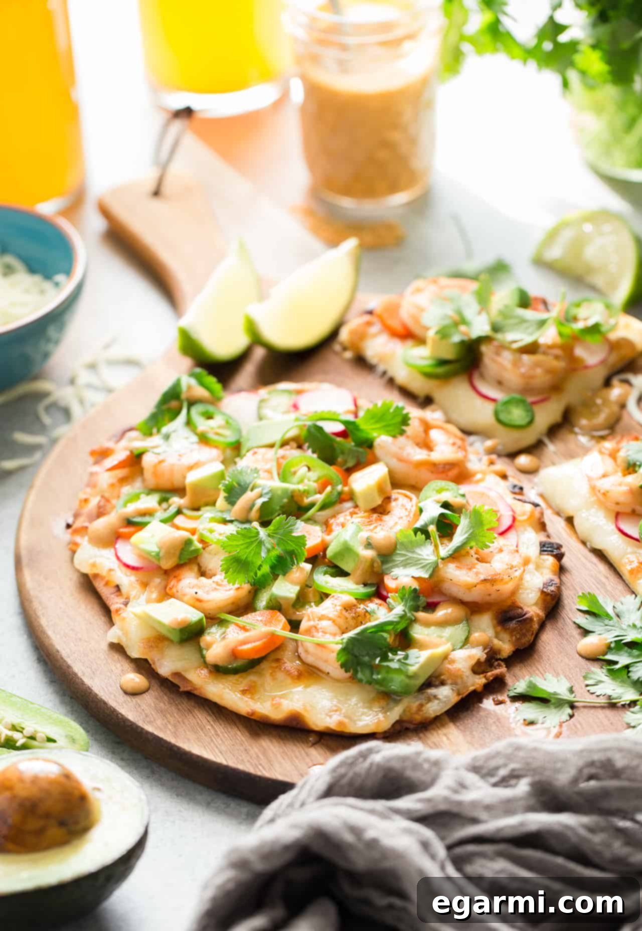 Zesty Banh Mi Shrimp Flatbread 3 Close-up of Shrimp Banh Mi Flatbread Pizza with fresh ingredients