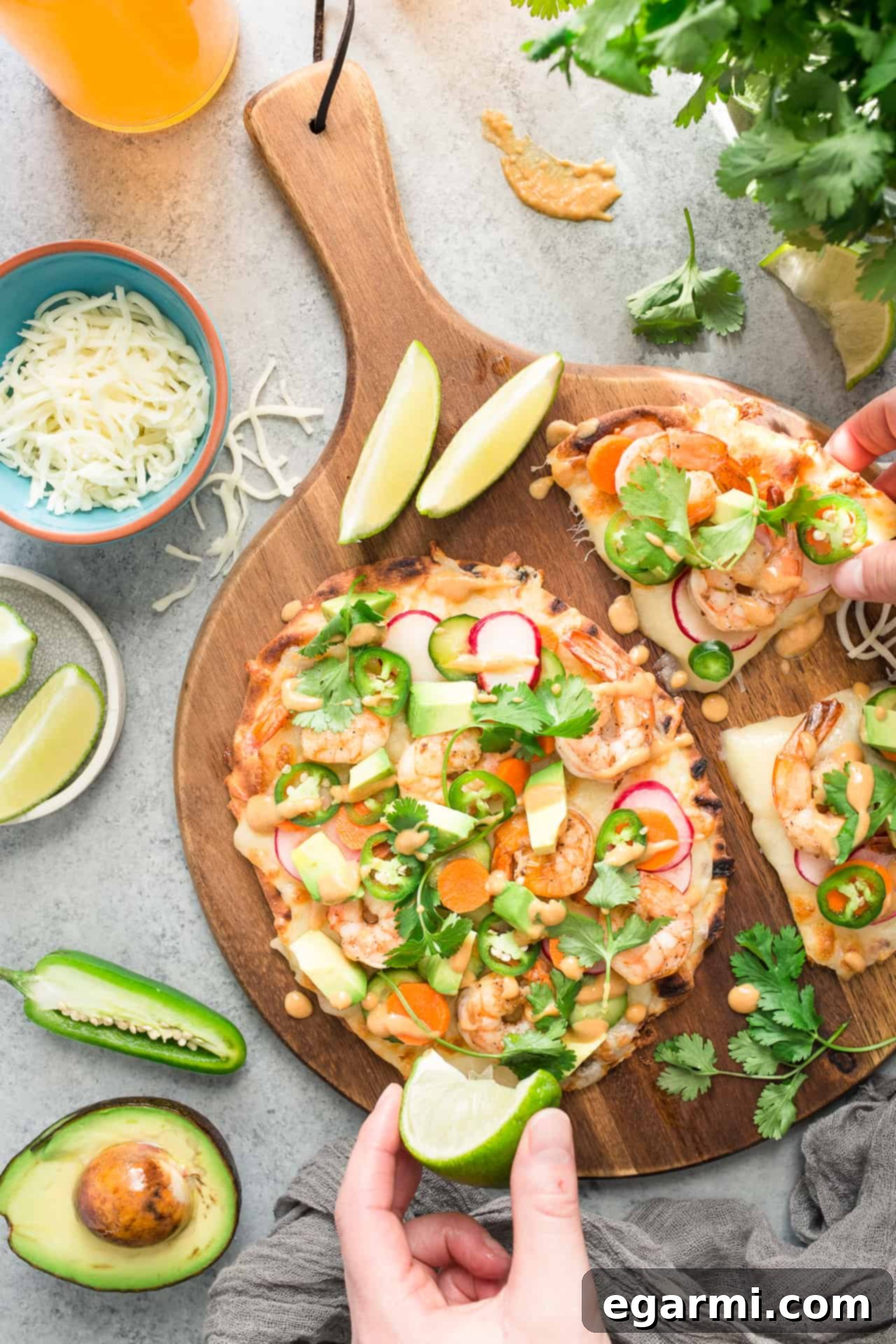 Zesty Banh Mi Shrimp Flatbread 7 Finished Shrimp Banh Mi Flatbread Pizza sliced and ready to serve