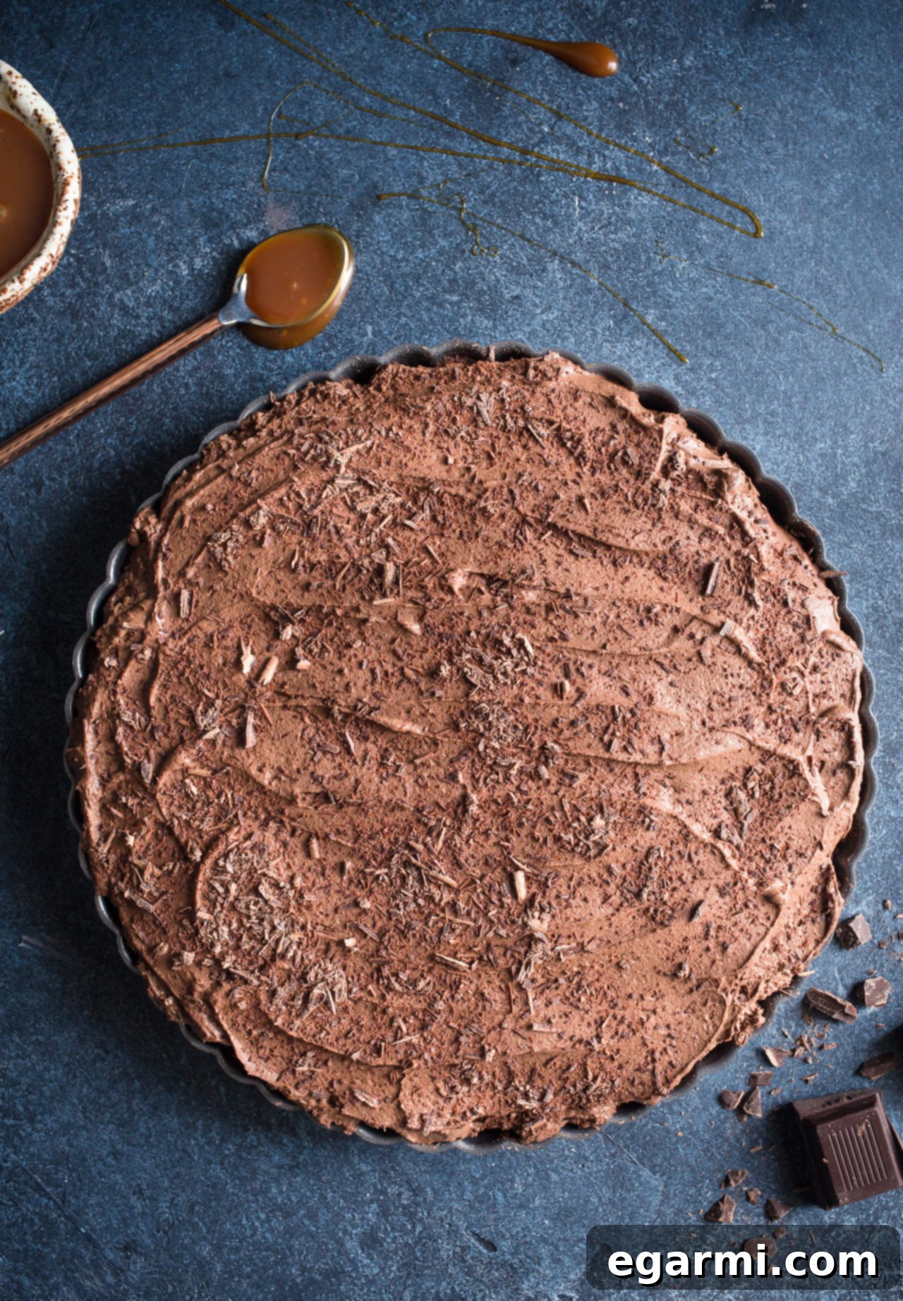 Gluten-Free Chocolate Stout Mousse Tart with Pretzel Peanut Crust - Close-up of rich chocolate stout mousse