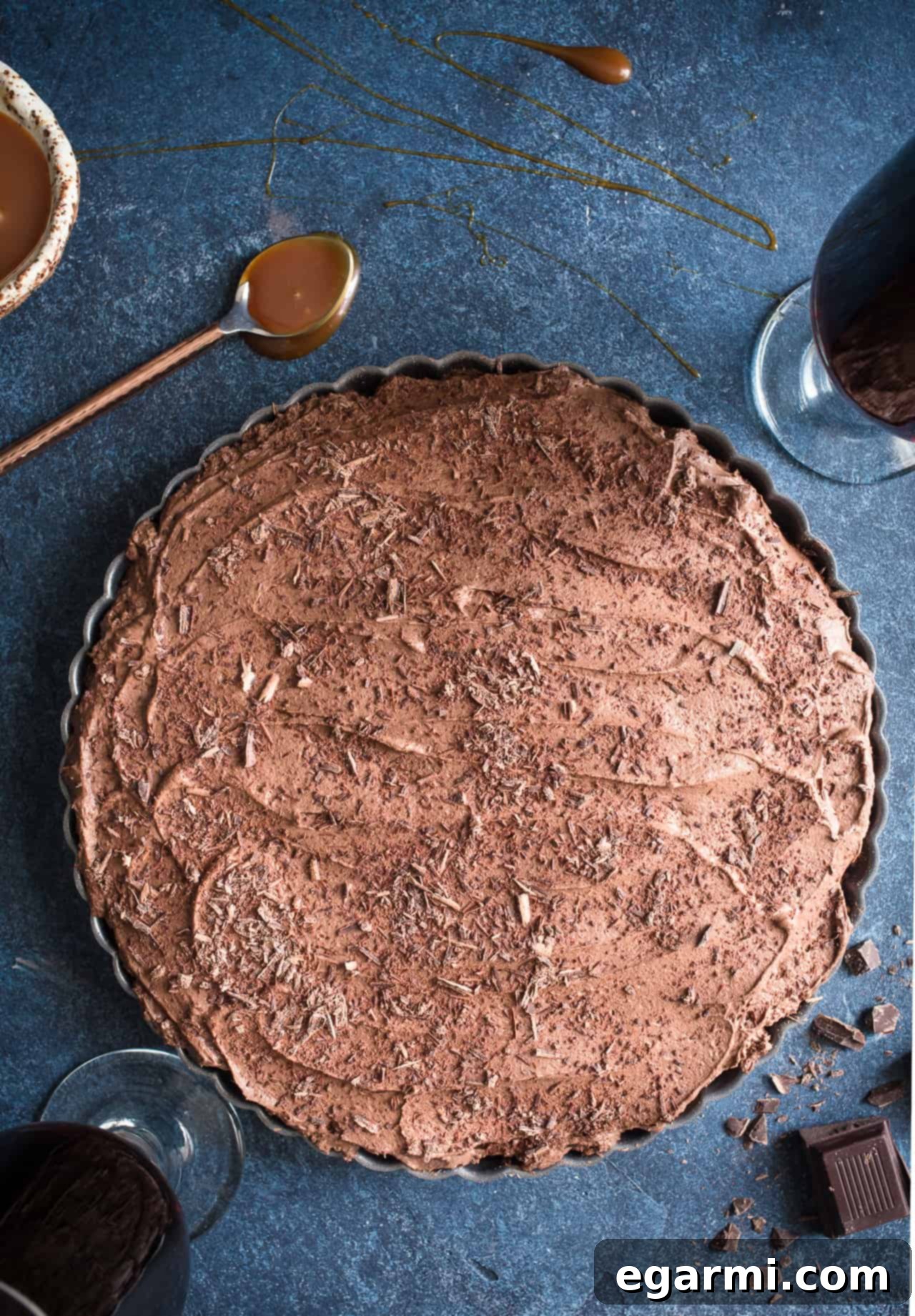 Gluten-Free Chocolate Stout Mousse Tart with Pretzel Peanut Crust - Overhead shot of the tart with shaved chocolate garnish