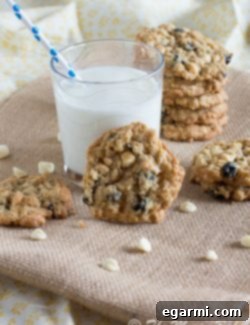 A freshly baked Blueberries & Cream Oatmeal Cookie recipe card with a close up of the cookie.