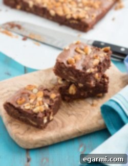 A single square of Skinny Peanut Butter Fudge Brownie, ready to be eaten