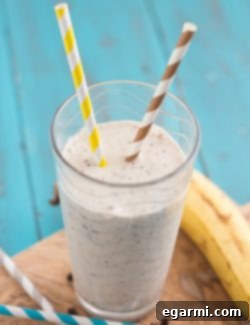 Guilt-Free Banana Chip Smoothie 2 Final Skinny Banana Chip Smoothie, poured into a glass and garnished