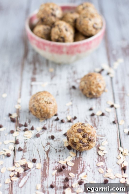 Peanut Butter Oatmeal Bites 3 Close-up of a Peanut Butter Oat Ball on a rustic surface, showcasing its texture and chocolate chips.