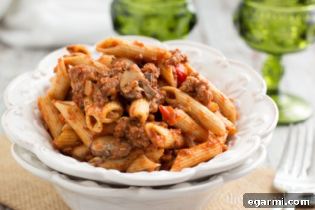 A close-up of the delicious Sausage & Mushroom Ragu, ready to be served.