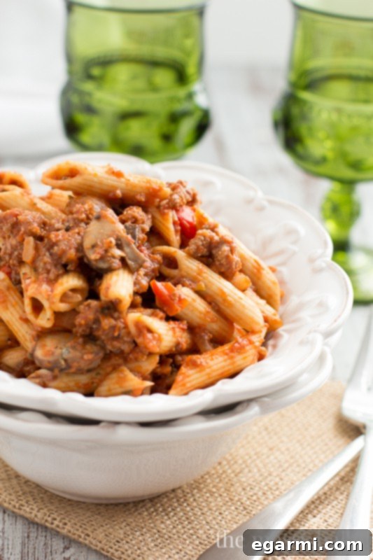 Sausage & Mushroom Ragu ready to be enjoyed, showcasing its rich texture.