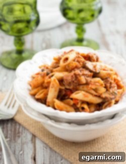 Final dish of Sausage and Mushroom Ragu with penne pasta.