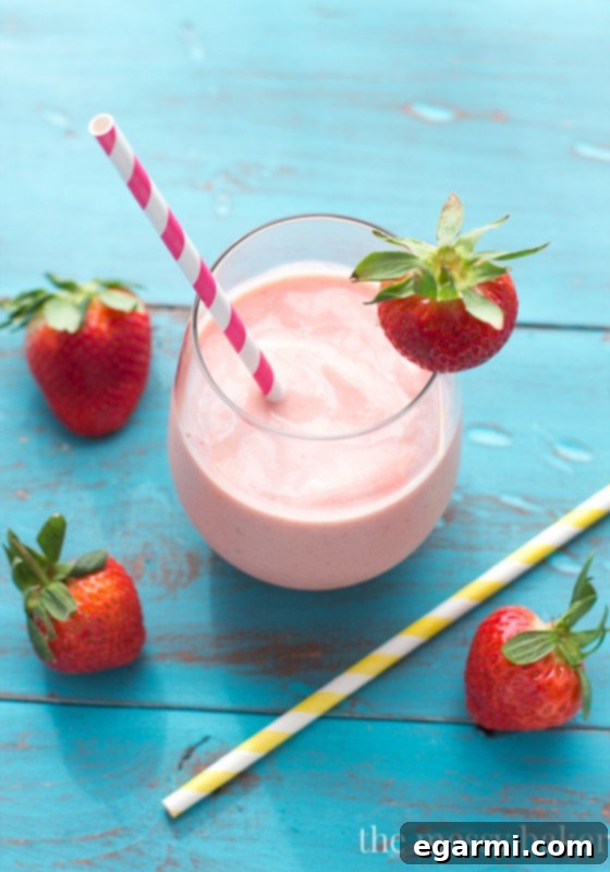 Strawberry Peach Malted Dream 4 Ingredients for a Strawberry Peach Malted Smoothie laid out