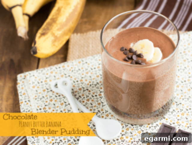 Rich Chocolate Peanut Butter Banana Blender Pudding, a quick and easy dessert. Find the recipe at The Messy Baker Blog.
