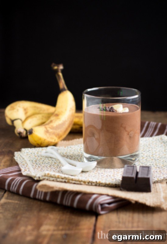 Close-up of creamy Chocolate Peanut Butter Banana Blender Pudding, a smooth and delightful dessert option.