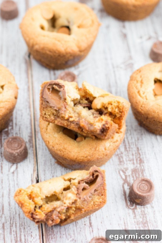Close-up of baked Butterscotch Chocolate Caramel Cookie Cups showing their golden-brown edges