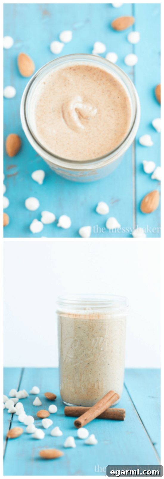 Raw almonds and ingredients laid out for making white chocolate cinnamon almond butter