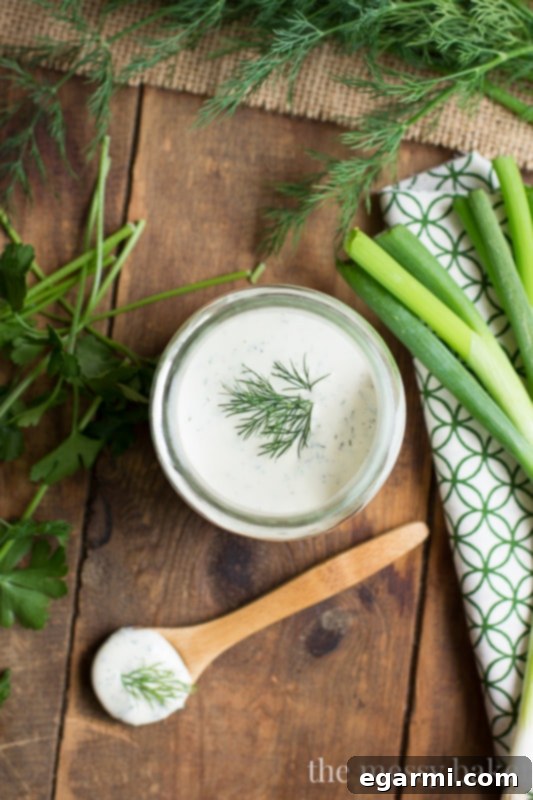 Close-up of Homemade Buttermilk Ranch Dressing with Green Herbs