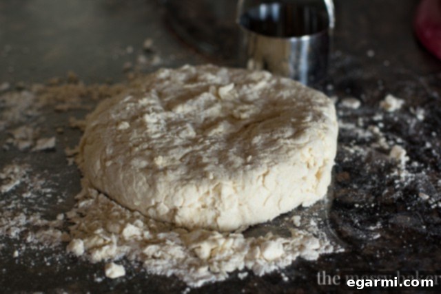 Shaggy biscuit dough being transferred from a bowl to a lightly floured surface.