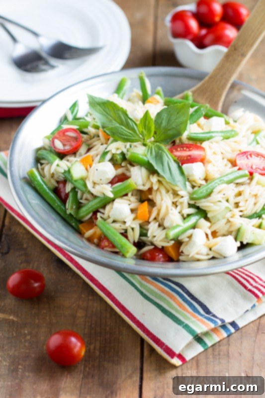 Close-up of Creamy Mozzarella Pearls in Orzo Pasta Salad