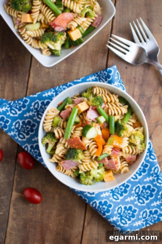 Hearty Potluck Pasta Salad with Meat, Cheese, and Veggies
