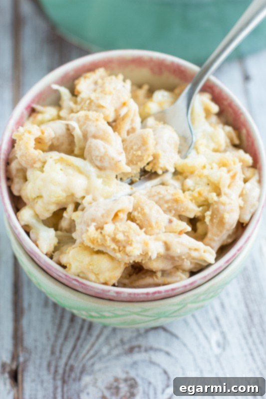Plate of roasted cauliflower mac and cheese with panko topping
