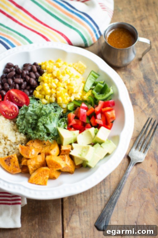 Southwest Fiesta Bowl 3 Close-up of a Fresh Southwestern Veggie Bowl featuring roasted sweet potatoes, corn, and black beans
