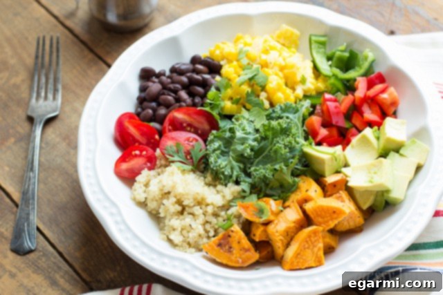 Southwest Fiesta Bowl 4 Overhead view of a vibrant Southwestern Veggie Bowl components before mixing