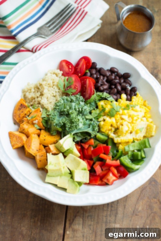 Southwest Fiesta Bowl 6 Colorful Southwestern Veggie Bowl with various roasted and fresh ingredients