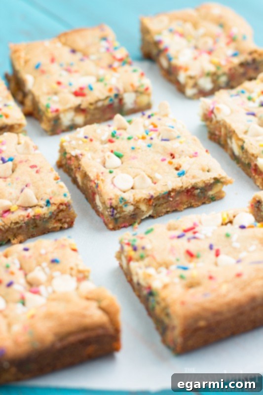 Close-up of a Malted Milk Funfetti Blondie, showing texture and sprinkles