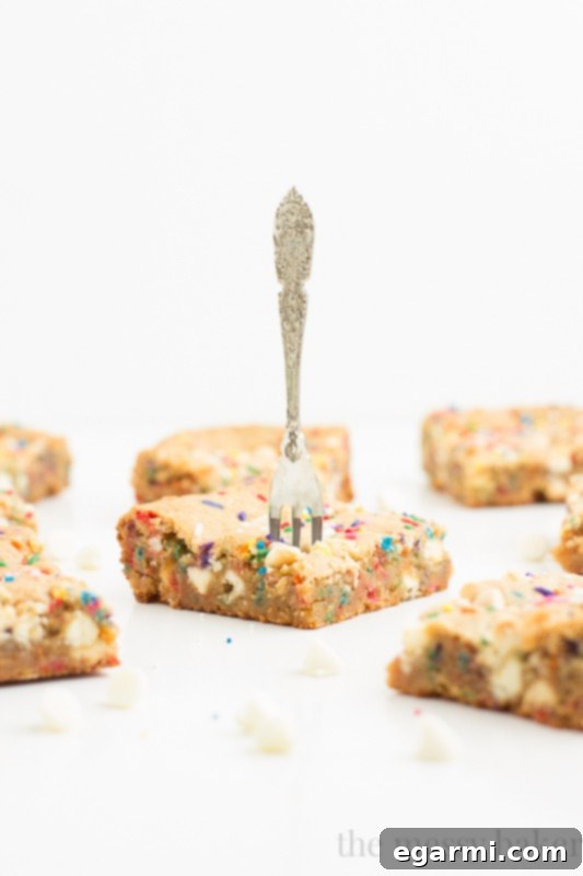 Close-up stack of Malted Milk Funfetti Blondies