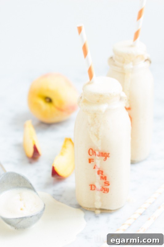 Close-up on the Peach Pie Milkshake ingredients: fresh peach, vanilla ice cream, snickerdoodle cookies, and milk, ready for blending.