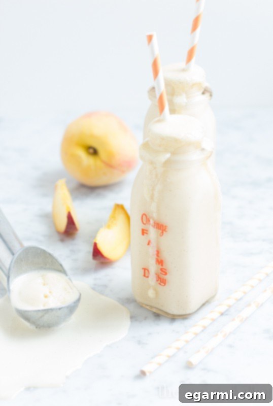 A final close-up of the Peach Pie Milkshake, emphasizing its smooth texture and inviting appearance, ready to be enjoyed.