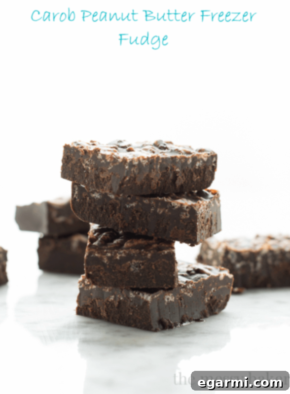 Rich Carob Peanut Butter Freezer Fudge with a smooth texture, topped with a sprinkle of carob powder, presented on a dark plate, a healthy vegan and gluten-free dessert option.