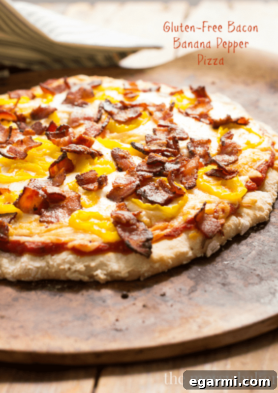 Delicious Gluten-Free Bacon Banana Pepper Pizza with crispy bacon and tangy banana peppers