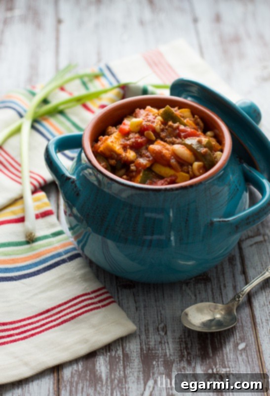 A comforting bowl of Harvest Chili Bowls with tender beef, loaded with seasonal vegetables and topped with fresh herbs.