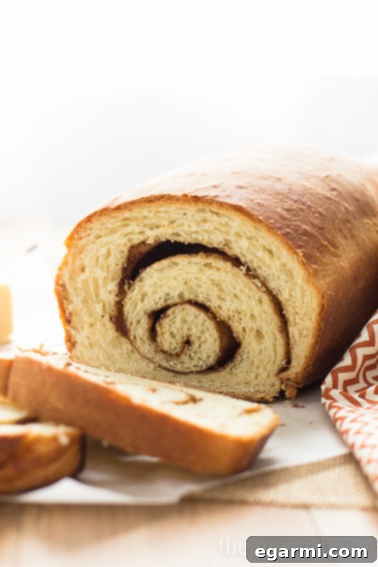 Extreme close-up of the delectable cinnamon sugar swirl inside a perfectly baked slice of homemade bread, with visible pecan pieces and a soft, airy texture.