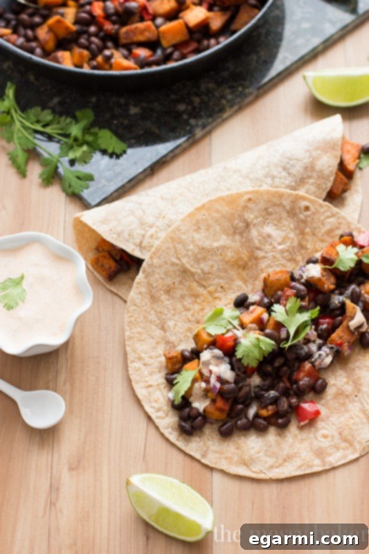 Sweet Potato & Black Bean Tacos with Chipotle Crema - Main Image