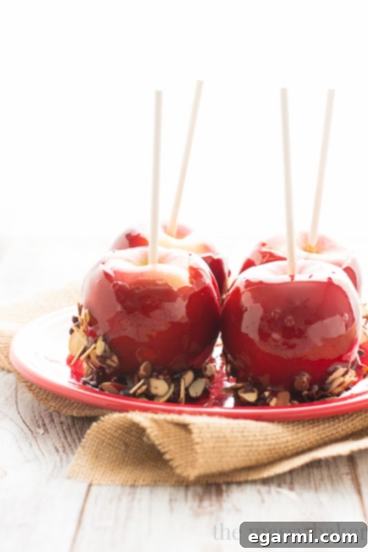 Close-up of Wine-Infused Candied Apples with Toasted Almonds and Chocolate Chips