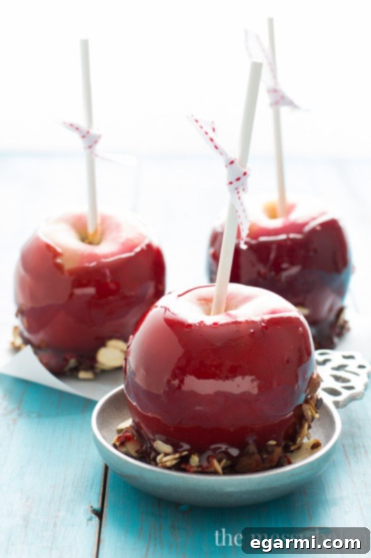 Captivating Red Moscato Candied Apples Displayed for a Halloween Party