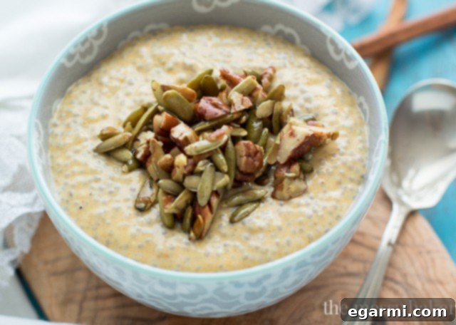 Healthy Pumpkin Chia Seed Pudding with Maple Pecans & Pumpkin Seeds for a quick breakfast or snack. www.themessybakerblog.com